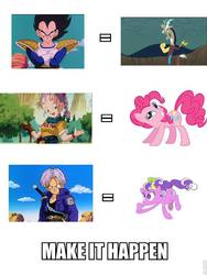 Size: 720x960 | Tagged: safe, discord, pinkie pie, screwball, g4, bulma, comparison chart, dragon ball, dragon ball z, exploitable meme, future trunks, image macro, make it happen, meme, trunks (dragon ball), vegeta