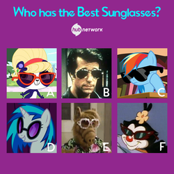 Size: 549x548 | Tagged: safe, dj pon-3, rainbow dash, vinyl scratch, g4, official, alf, animaniacs, dot warner, happy days, henry winkler, hub logo, littlest pet shop, male, penny ling, sunglasses, the fonz, the hub