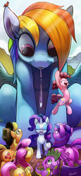 Size: 600x1307 | Tagged: safe, artist:tsitra360, applejack, fluttershy, pinkie pie, rainbow dash, rarity, spike, twilight sparkle, alicorn, pony, g4, :3, butt, drool, eww, eyes closed, female, floppy ears, giant pony, gritted teeth, growth, looking up, macro, mane seven, mane six, mare, open mouth, plot, prank, raribuse, size difference, smiling, spit, this will end in tears, twilight sparkle (alicorn), underhoof, wavy mouth