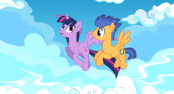 Size: 1216x656 | Tagged: safe, artist:eunjinshin, flash sentry, twilight sparkle, alicorn, pony, g4, female, flying, male, mare, ship:flashlight, shipping, straight, twilight sparkle (alicorn)