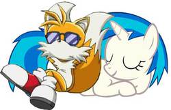 Size: 439x283 | Tagged: safe, dj pon-3, vinyl scratch, unicorn, g4, crossover, horn, male, miles "tails" prower, simple background, sleeping, sleeping together, sonic the hedgehog (series), sunglasses, white background