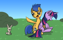 Size: 1024x661 | Tagged: safe, artist:mindofnoodles, flash sentry, twilight sparkle, alicorn, pony, rabbit, g4, angry, eyes closed, female, glare, hug, laughing, male, mare, open mouth, overprotective, protecting, ship:flashlight, shipping, sitting, smiling, straight, twilight sparkle (alicorn)