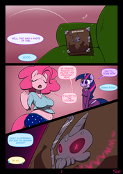 Size: 849x1200 | Tagged: safe, artist:slypon, pinkie pie, twilight sparkle, anthro, comic:night mares, comic:night mares (series), g4, belly button, breasts, chubby, comic, midriff