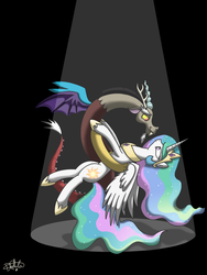 Size: 1024x1363 | Tagged: safe, artist:dalilastar, discord, princess celestia, g4, three's a crowd, dancing, eye contact, female, male, ship:dislestia, shipping, spotlight, straight, tango