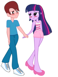 Size: 779x1025 | Tagged: safe, artist:pinkiespartygirl, twilight sparkle, oc, oc:andres vargas, equestria girls, g4, blushing, canon x oc, female, holding hands, male, self insert, straight