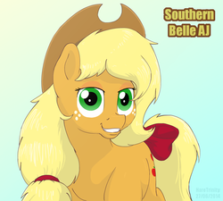 Size: 1111x1001 | Tagged: safe, artist:haretrinity, applejack, g4, female, grin, simple background, solo, tail bow