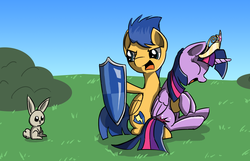 Size: 1992x1285 | Tagged: safe, artist:mindofnoodles, flash sentry, twilight sparkle, alicorn, pony, rabbit, g4, angry, female, hoof hold, laughing, male, mare, overprotective, protecting, shield, ship:flashlight, shipping, straight, twilight sparkle (alicorn)