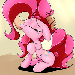 Size: 1280x1280 | Tagged: safe, artist:madacon, pinkie pie, earth pony, human, pony, g4, cute, disembodied hand, eyes closed, female, hand, human shoulders, petting, smiling