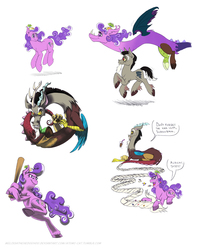 Size: 792x996 | Tagged: safe, artist:melissathehedgehog, discord, screwball, draconequus, g4, baseball bat, braid, hat, ponified, pony discord, propeller hat, species swap, swirly eyes