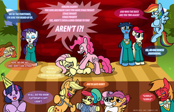 Size: 1236x800 | Tagged: safe, artist:ladyanidraws, apple bloom, applejack, big macintosh, fluttershy, pinkie pie, rainbow dash, rarity, scootaloo, sweetie belle, toe-tapper, torch song, twilight sparkle, oc, oc:penny rich, alicorn, earth pony, pegasus, pony, unicorn, .mov, shed.mov, filli vanilli, g4, somepony to watch over me, crying, cutie mark crusaders, dialogue, drama, female, flanderization, mane six, mare, pinkie drama, pony.mov, ponytones, ponytones outfit, scene parody, stage, stay out of my shed, twilight sparkle (alicorn)