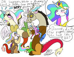 Size: 966x745 | Tagged: safe, artist:tatta-kasame, discord, princess celestia, oc, oc:harmonus, oc:sawyer, hybrid, g4, blushing, female, interspecies offspring, laughing, male, next generation, offspring, parent:discord, parent:princess celestia, parents:dislestia, puppet, sex education, ship:dislestia, shipping, straight