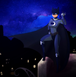Size: 1591x1600 | Tagged: source needed, useless source url, safe, artist:scorpdk, princess luna, human, g4, batman, bodysuit, cosplay, dc comics, female, gotham city, grappling hook, humanized, i am the night, looking at you, night, sky, smiling, solo, stars
