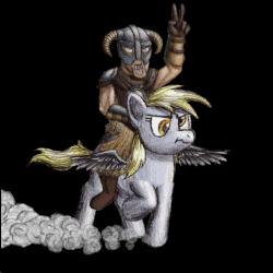 Size: 640x640 | Tagged: safe, artist:khaomortadios, derpy hooves, pegasus, pony, g4, animated, female, humans riding ponies, mare, riding, skyrim, the elder scrolls