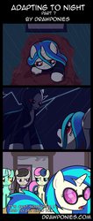 Size: 583x1371 | Tagged: safe, artist:drawponies, artist:terminuslucis, bon bon, dj pon-3, lyra heartstrings, octavia melody, sweetie drops, vinyl scratch, oc, oc:lucid, earth pony, pony, undead, unicorn, vampire, vampony, comic:adapting to night, g4, comic, cute, evil, evil grin, fangs, female, filly, filly vinyl scratch, gravestone, grin, lightning, melody song, nightmare fuel, rain, red eyes, reveal, sad, sadorable, slasher smile, smiling, vinyl the vampire, vinylbetes, woobie, younger