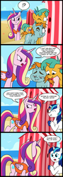 Size: 713x2000 | Tagged: safe, artist:madmax, princess cadance, shining armor, snails, snips, alicorn, pony, unicorn, g4, beach, clothed female nude male, clothes, comic, female, male, mare, meme origin, one eye closed, one-piece swimsuit, open mouth, peeping, shining armor is a goddamn moron, smiling, snips and snails spying meme, stallion, swimsuit, we don't normally wear clothes