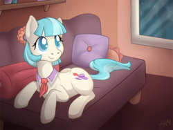 Size: 800x600 | Tagged: safe, artist:oomles, coco pommel, g4, couch, female, pillow, prone, solo, window