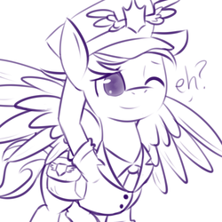 Size: 1000x1000 | Tagged: safe, artist:lilliesinthegarden, care package, special delivery, pony, g4, clothes, cute, hat, mailbag, mailpony, male, monochrome, saddle bag, sketch, smiling, solo, spread wings, stallion, uniform, wink