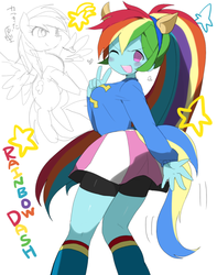 Size: 600x761 | Tagged: artist needed, safe, rainbow dash, pegasus, equestria girls, g4, breasts, busty rainbow dash, female, heart, looking at you, looking back, looking back at you, one eye closed, peace sign, ponytail, solo, stars, wink, wondercolts