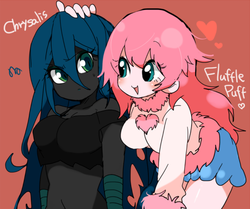 Size: 600x501 | Tagged: safe, queen chrysalis, oc, oc:fluffle puff, equestria girls, breasts, busty fluffle puff, canon x oc, chrysipuff, clothes, cute, cutealis, equestria girls-ified, female, flufflebetes, heart, lesbian, ocbetes, red background, shipping, simple background