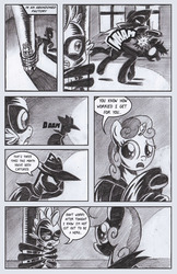 Size: 792x1224 | Tagged: source needed, safe, artist:jaxonian, mare do well, spike, sweetie belle, g4, clothes, comic, costume, henchmen, humdrum costume, monochrome, power ponies, sweetie do well