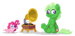 Size: 468x228 | Tagged: safe, artist:mrponiator, gummy, pinkie pie, alligator, g4, animated, blinking, dancing, gatorfied, gramophone, gummy pie, mlpgdraws, pixel art, ponified, ponified pony pets, role reversal, simple background, species swap, transparent background