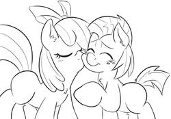 Size: 960x669 | Tagged: artist needed, source needed, safe, apple bloom, babs seed, earth pony, pony, g4, cheek kiss, cousins, female, filly, foal, incest, kissing, lesbian, monochrome, ship:appleseed, shipping