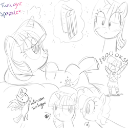 Size: 1054x1054 | Tagged: safe, artist:cosmicponye, pinkie pie, twilight sparkle, human, g4, book, humanized, monochrome, sketch, twilight sparkle (alicorn)