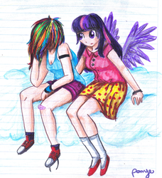 Size: 1024x1122 | Tagged: safe, artist:cosmicponye, rainbow dash, twilight sparkle, human, g4, clothes, converse, fashion nightmare, humanized, scene interpretation, shoes, traditional art, twilight sparkle (alicorn)