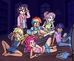 Size: 1054x864 | Tagged: safe, artist:sorcerushorserus, applejack, fluttershy, pinkie pie, rainbow dash, rarity, twilight sparkle, human, g4, bandaid, barefoot, bed, belly button, blonde hair, blue eyes, book, braces, clothes, compression shorts, confident, controller, crossed legs, curious, dark skin, denim shorts, dress, feet, female, freckles, gamer girl, green eyes, hairband, human coloration, humanized, indoors, jeans, light skin, long hair, looking left, lying down, mane six, midriff, multicolored hair, on side, open mouth, overall shorts, panties, pants, pink eyes, pink hair, ponytail, purple hair, rainbow hair, relaxing, robe, shiny skin, shirt, shorts, sitting, sleep mask, sleepover, smiling, snes controller, super nintendo, t-shirt, tank top, thong, underwear, video game, younger