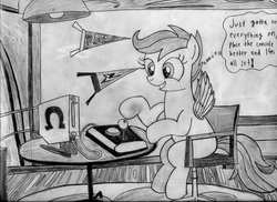 Size: 1980x1440 | Tagged: safe, artist:ocredan, scootaloo, g4, controller, female, joystick, monochrome, sketch, solo, traditional art, wii