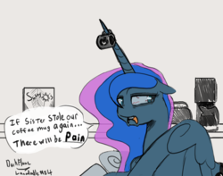 Size: 1280x1010 | Tagged: safe, artist:darkflame75, princess luna, lunadoodle, g4, bloodshot eyes, coffee, cup, female, solo, tired