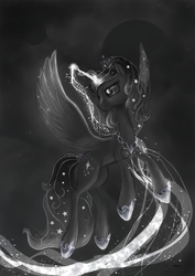 Size: 1240x1754 | Tagged: safe, artist:spikedragonart, oc, oc only, alicorn, pony, monochrome, queen, solo, universe