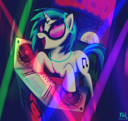 Size: 1024x967 | Tagged: safe, artist:pshyzomancer, dj pon-3, vinyl scratch, g4, female, glowstick, solo, turntable, vinylicious, wub