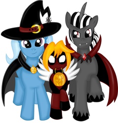 Size: 865x900 | Tagged: safe, artist:rayodragon, trixie, oc, oc:frolic, oc:rayo, g4, clothes, costume, deadpool, halloween