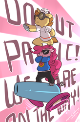 Size: 985x1500 | Tagged: safe, artist:atryl, donut joe, pinkie pie, semi-anthro, g4, 30 minute art challenge, arm hooves, goggles, party cannon, rapper pie