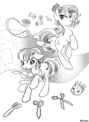 Size: 1651x2251 | Tagged: dead source, safe, artist:mlpanon, coco pommel, rarity, spike, earth pony, pony, unicorn, g4, rarity takes manehattan, bedroom eyes, chalk, cloth, fabric, floppy ears, measuring tape, monochrome, pin, pincushion, pincushion spike, pins, raised hoof, scissors, simple background, sketch, smiling, string, thread, white background