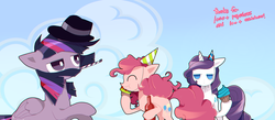 Size: 1531x665 | Tagged: safe, artist:cosmichat, pinkie pie, rarity, twilight sparkle, alicorn, pony, g4, cupcake, female, hat, mare, twilight sparkle (alicorn)