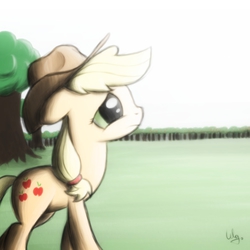 Size: 1000x1000 | Tagged: safe, artist:mr-asshole-leaxxx, applejack, g4, female, floppy ears, looking up, solo, tree