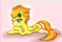 Size: 1693x1165 | Tagged: safe, artist:puetsua, spitfire, pegasus, pony, g4, butt, clothes, clover, commission, eyelashes, feathered wings, female, folded wings, four leaf clover, looking at you, lying down, mare, plot, prone, signature, smiling, smiling at you, socks, solo, striped socks, stupid sexy spitfire, wings