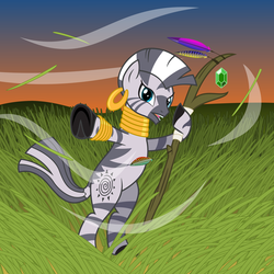 Size: 2900x2900 | Tagged: safe, artist:cheezedoodle96, zecora, zebra, g4, bipedal, druid, dungeons and dragons, female, high res, solo, staff, sunset, vector, wind