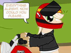 Size: 640x480 | Tagged: safe, artist:aha-mccoy, oc, oc only, oc:jay aaron mclovin, earth pony, pony, nopony-ask-mclovin, helmet, male, motorcycle, motorcycle helmet, solo, speech bubble, stallion