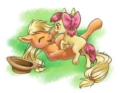 Size: 950x720 | Tagged: safe, artist:moenkin, apple bloom, applejack, earth pony, pony, g4, adorabloom, apple bloom's bow, applejack's hat, blank flank, bow, cowboy hat, cute, duo, female, filly, freckles, hair bow, happy, hat, mare, playing, siblings, simple background, transparent background