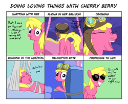 Size: 1600x1300 | Tagged: safe, artist:varemia, cherry berry, pony, g4, aviator goggles, balloon, bandage, butt, cherryplot, crash, doing loving things, female, goggles, grin, helicopter, hospital, looking at you, love, meme, open mouth, plot, solo, sunglasses