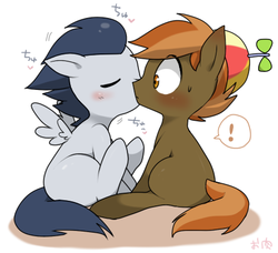 Size: 450x411 | Tagged: safe, artist:oniku, button mash, rumble, earth pony, pegasus, pony, g4, blushing, cheek kiss, colt, cute, duo, exclamation point, eyes closed, foal, frown, gay, heart, japanese, kissing, male, ship:rumblemash, shipping, shivering, sitting, spread wings, surprise kiss, surprised, sweat, sweatdrop, wide eyes