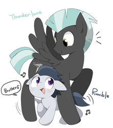 Size: 1100x1246 | Tagged: safe, artist:oniku, rumble, thunderlane, pegasus, pony, g4, brothers, colt, cute, equestria's best big brother, male, music notes, rumblebetes, simple background, speech bubble, stallion, thunderbetes, white background