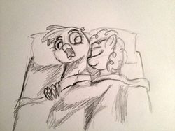 Size: 855x641 | Tagged: safe, artist:failure, gilda, pinkie pie, griffon, g4, bed, female, lesbian, monochrome, morning after, non-consensual cuddling, pillow, regret, ship:gildapie, sketch, traditional art