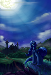 Size: 1950x2850 | Tagged: safe, artist:grennadder, princess luna, g4, big hooves, bridge, castle, castle of the royal pony sisters, crepuscular rays, crying, everfree forest, female, hoof shoes, implied princess celestia, long legs, mare, mare in the moon, missing accessory, moon, night, outdoors, peytral, princess shoes, role reversal, sad, sadluna, scenery, solo