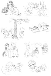 Size: 2000x2969 | Tagged: safe, artist:dstears, applejack, fluttershy, pinkie pie, princess luna, rainbow dash, rarity, twilight sparkle, alicorn, owl, pony, rabbit, g4, applebucking, crossover, eeyore, facepalm, female, high res, kanga, mare, monochrome, piglet, roo, stuck, this will end in tears, tigger, twilight sparkle (alicorn), winnie the pooh