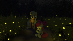 Size: 2560x1440 | Tagged: safe, artist:zigidi94, apple bloom, applejack, firefly (insect), g4, 3d, forest, happy, hatless, missing accessory, night, source filmmaker