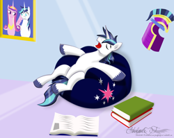 Size: 2000x1592 | Tagged: safe, artist:cloclo2388, princess cadance, shining armor, g4, beanbag chair, book, helmet, picture, picture frame, sleeping